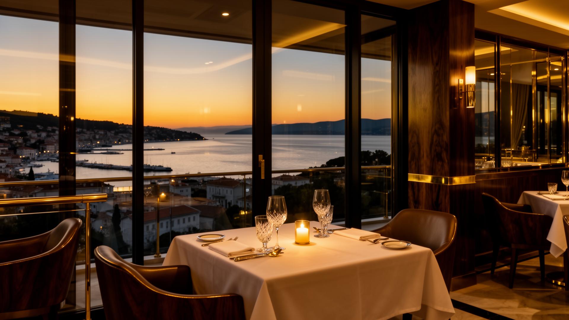 Cubo restaurant view over the Kvarner bay at golden hour