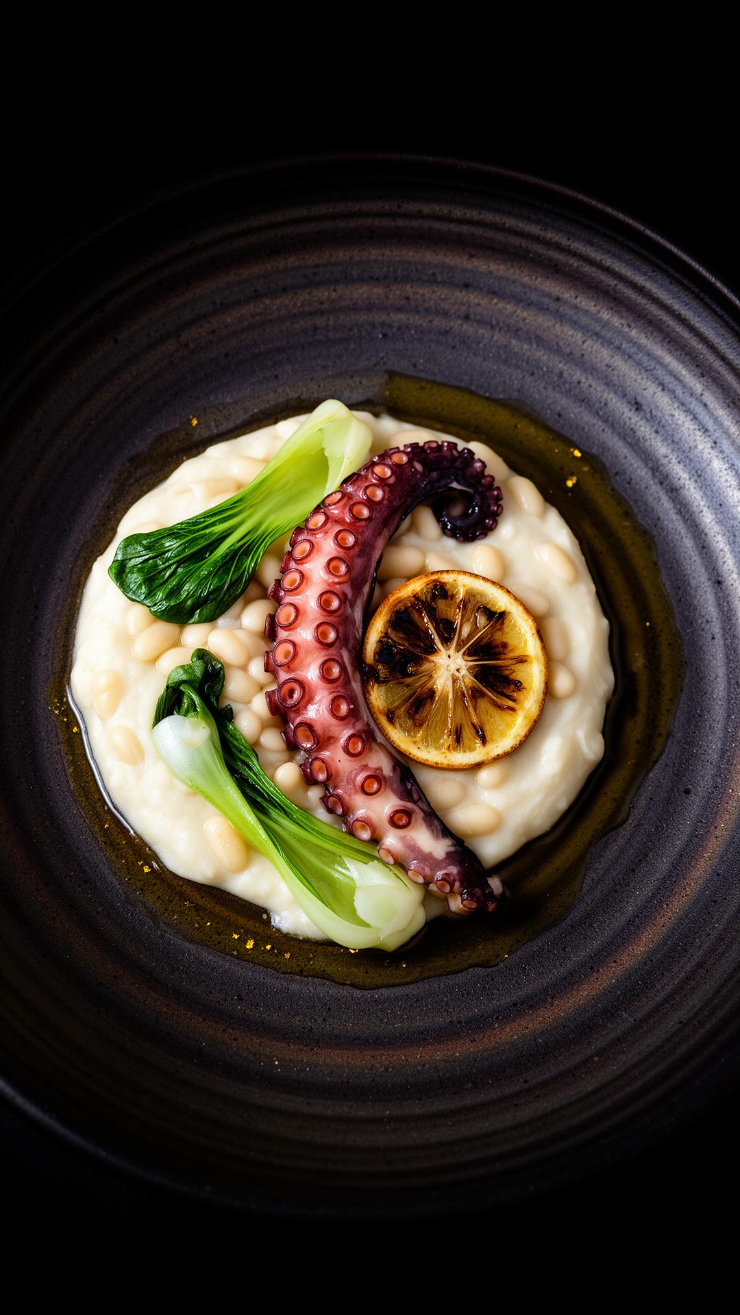 Slow-braised octopus on white bean cream — Cubo signature dish